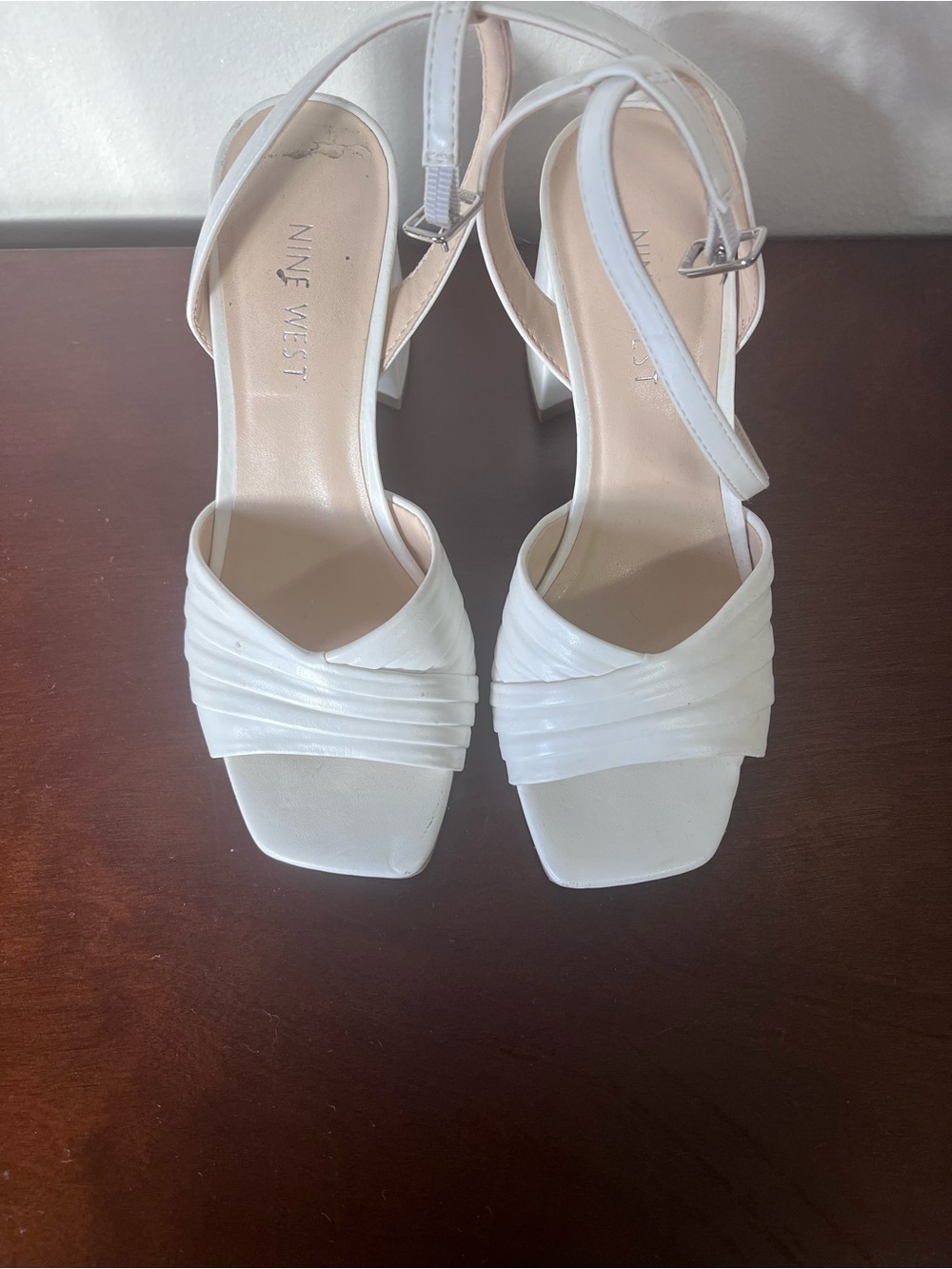 Nine West White Pleated-Strap Block Heel Sandals